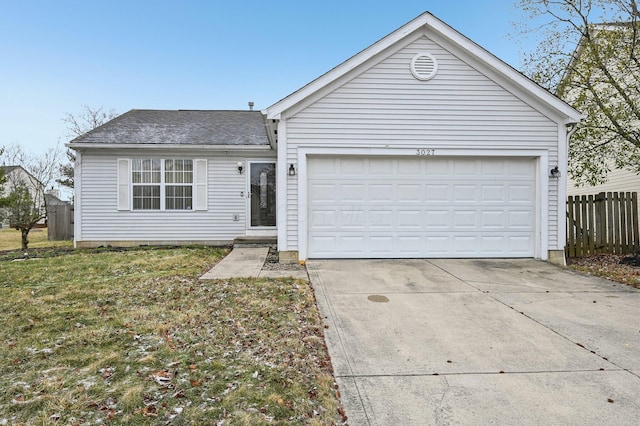 ranch-style house with a garage, driveway, a shingled roof, fence, and a front lawn