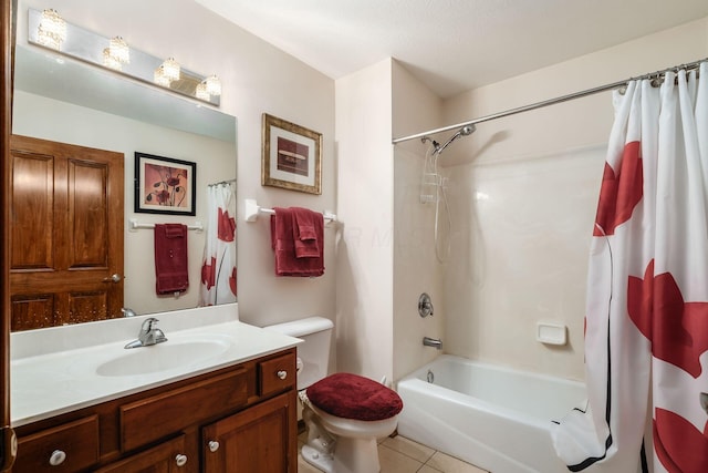 full bath with toilet, vanity, shower / bath combo with shower curtain, and tile patterned floors