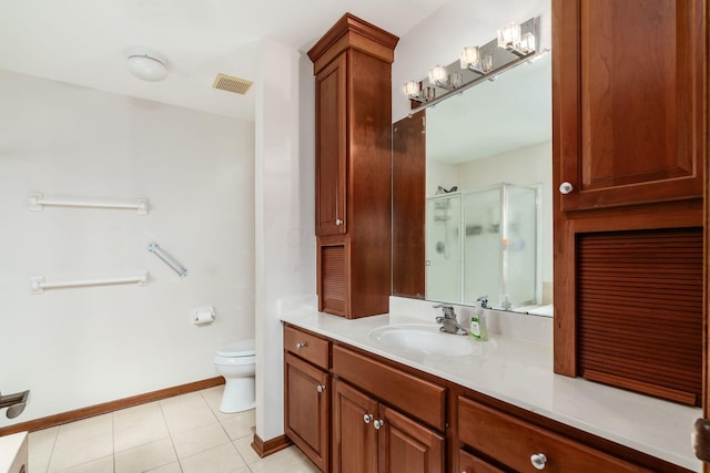 bathroom with visible vents, toilet, a stall shower, vanity, and tile patterned floors