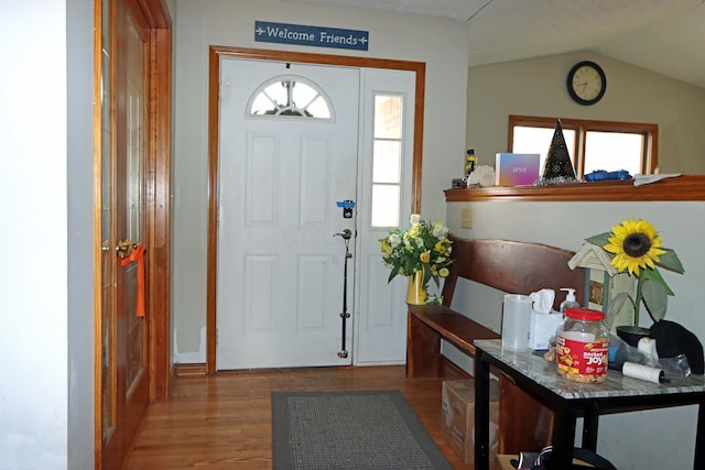 entryway featuring vaulted ceiling and wood finished floors