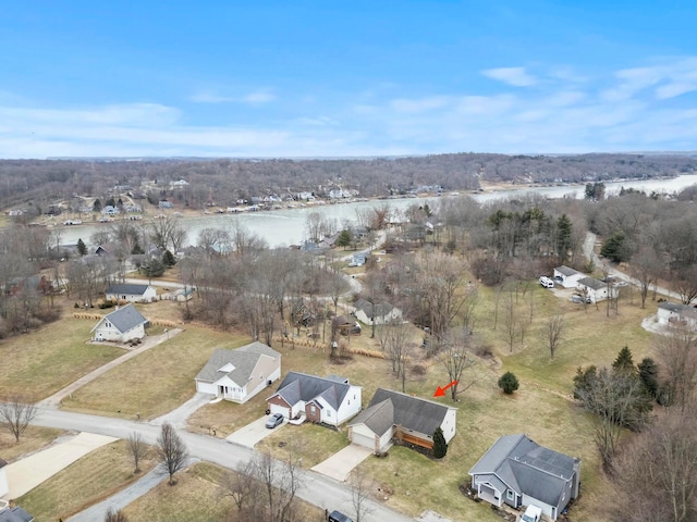 drone / aerial view featuring a water view