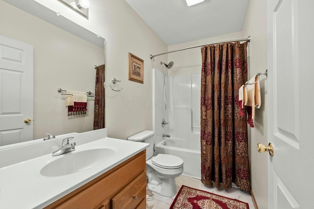 bathroom with shower / bath combination with curtain, vanity, and toilet