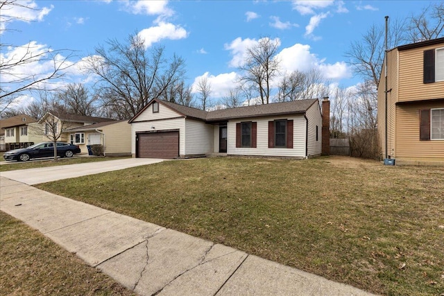 view of front of home featuring a chimney, a shingled roof, an attached garage, driveway, and a front lawn