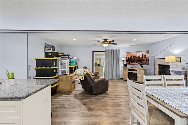 living area with a ceiling fan, wood finished floors, a textured ceiling, a fireplace, and recessed lighting