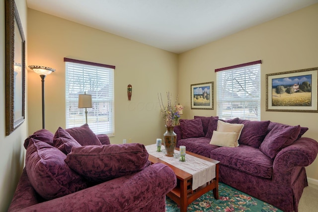 living room with carpet and a healthy amount of sunlight