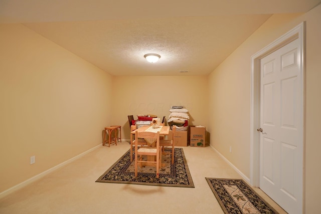 recreation room with baseboards, a textured ceiling, and carpet flooring