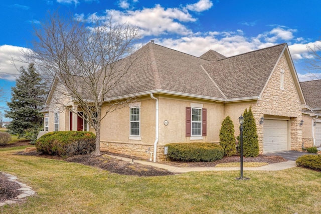 view of home's exterior featuring a shingled roof, a lawn, stone siding, an attached garage, and stucco siding