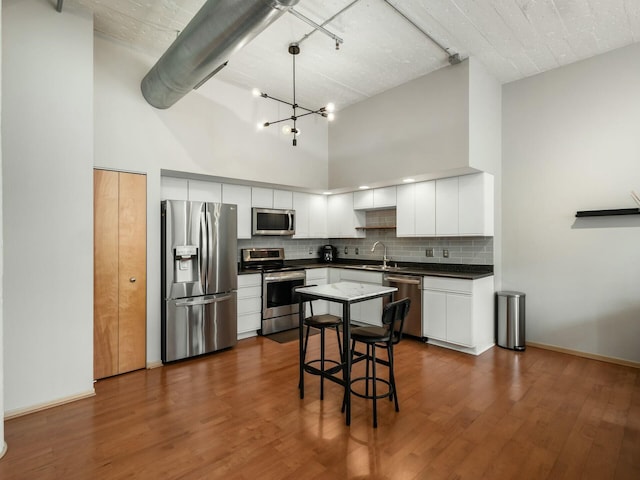 kitchen with dark wood-style flooring, a towering ceiling, decorative backsplash, appliances with stainless steel finishes, and a sink