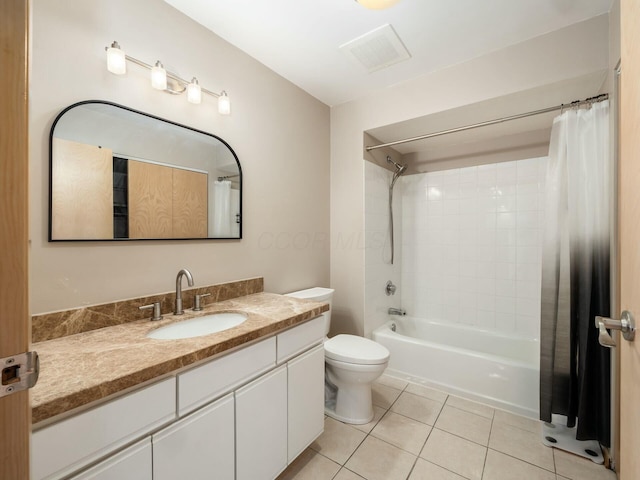 bathroom with toilet, vanity, shower / tub combo with curtain, and tile patterned floors