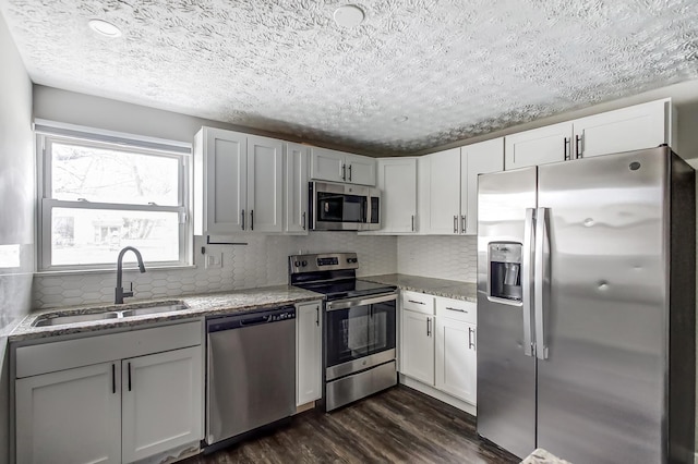 kitchen with dark wood finished floors, tasteful backsplash, appliances with stainless steel finishes, a sink, and light stone countertops