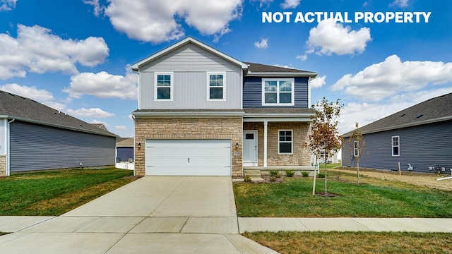 view of front of property featuring driveway, a garage, stone siding, a front lawn, and board and batten siding