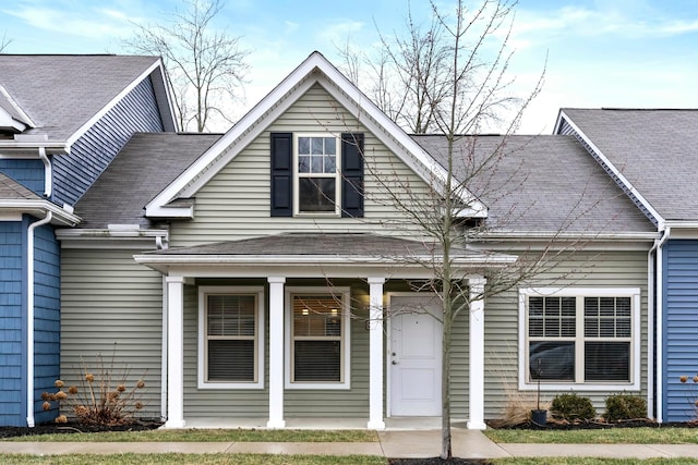 bungalow featuring covered porch and a shingled roof