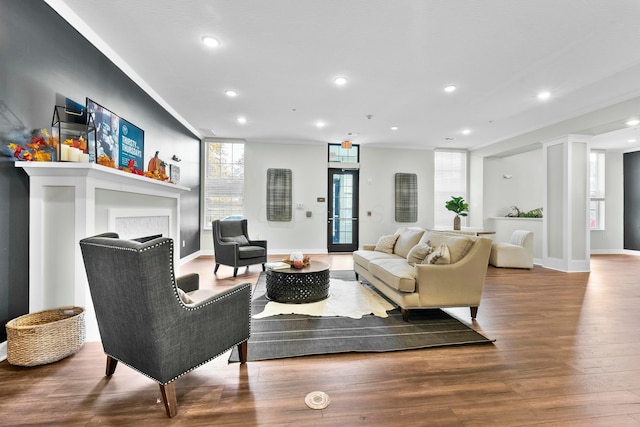 living room with baseboards, a fireplace, wood finished floors, and recessed lighting