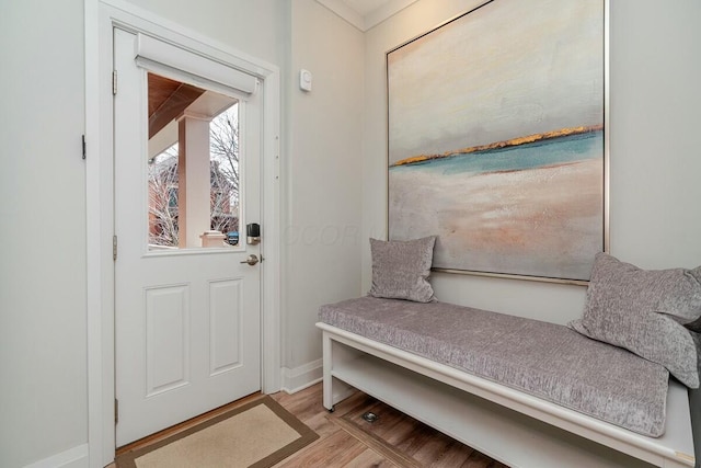 mudroom with light wood-type flooring and baseboards