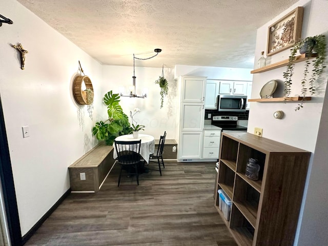 kitchen with open shelves, appliances with stainless steel finishes, dark wood-type flooring, white cabinetry, and a textured ceiling