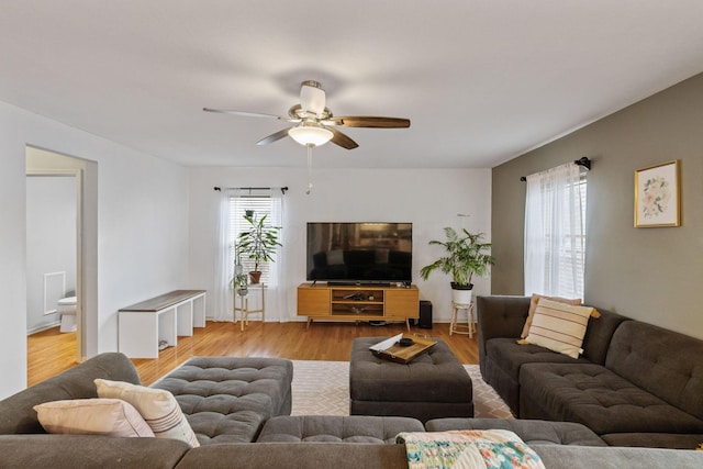 living room featuring light wood-type flooring, a ceiling fan, and a healthy amount of sunlight