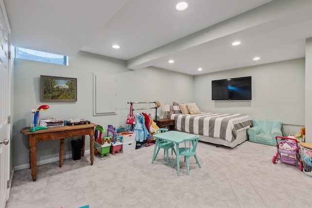 bedroom with carpet floors, baseboards, and recessed lighting