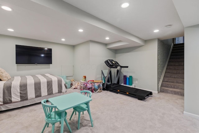 workout area with recessed lighting, carpet flooring, and baseboards