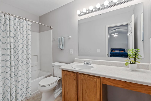 full bathroom featuring toilet, shower / tub combo, tile patterned flooring, and vanity