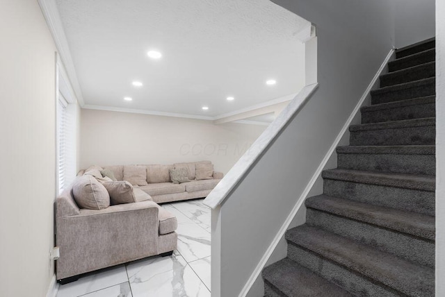 stairway featuring recessed lighting, marble finish floor, crown molding, and baseboards