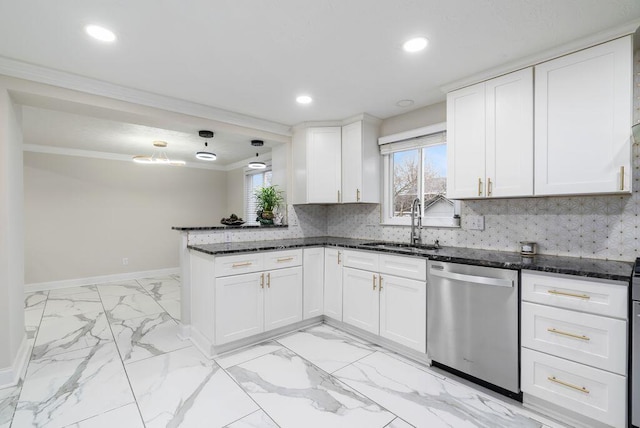 kitchen featuring tasteful backsplash, a sink, dark stone counters, dishwasher, and baseboards