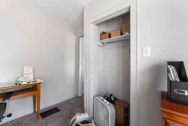 office with carpet floors, baseboards, and visible vents