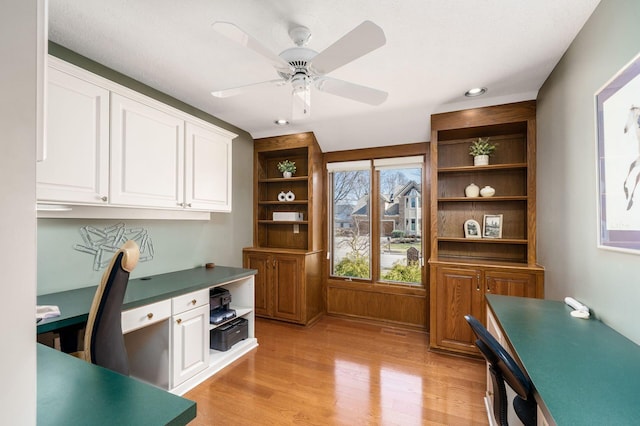 office space with recessed lighting, light wood-style floors, and ceiling fan