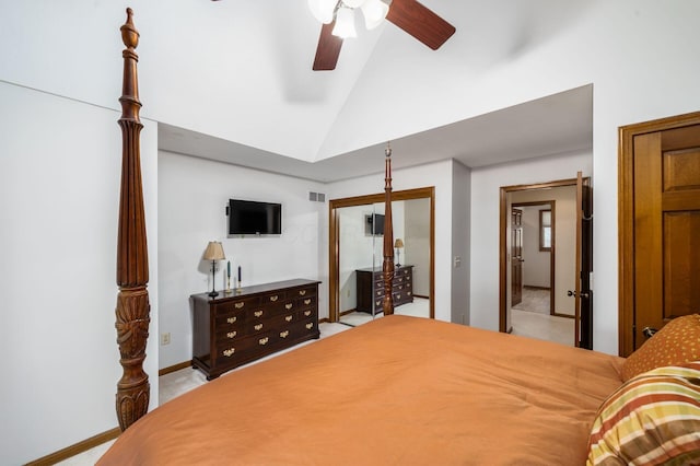 bedroom featuring visible vents, light carpet, high vaulted ceiling, baseboards, and ceiling fan