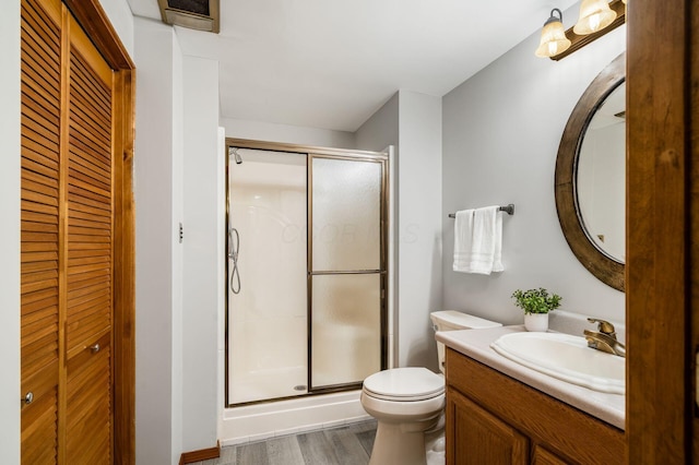 bathroom with vanity, toilet, a closet, and a stall shower