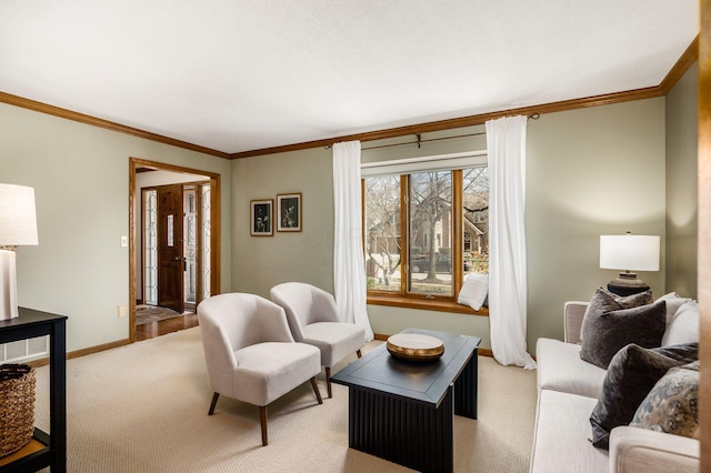 living area featuring baseboards, light carpet, and ornamental molding