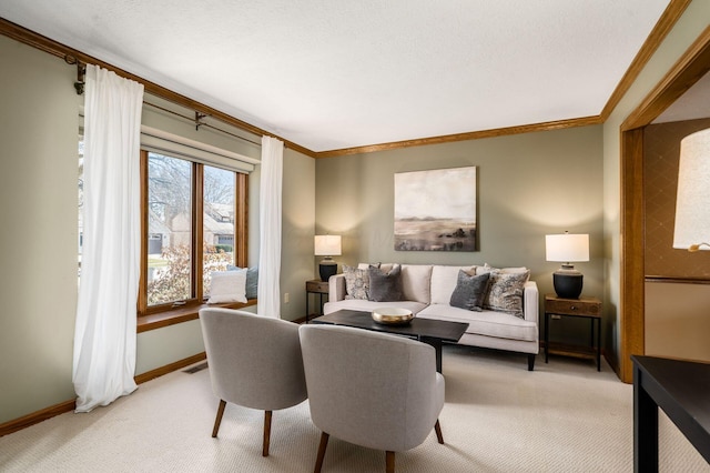 living room featuring light colored carpet, baseboards, and ornamental molding