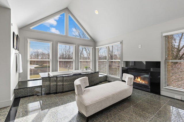 sunroom with a glass covered fireplace and lofted ceiling