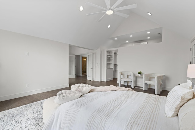 bedroom featuring a spacious closet, baseboards, recessed lighting, high vaulted ceiling, and dark wood-style flooring