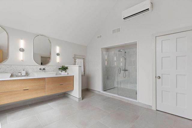 full bathroom with tile patterned flooring, visible vents, a stall shower, and a wall mounted AC