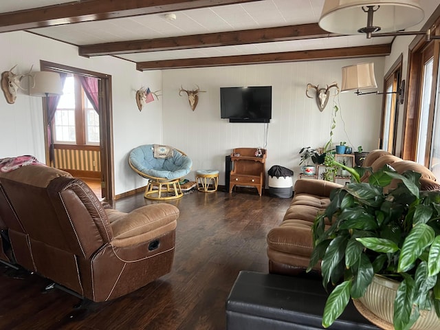 living room featuring wood finished floors and beamed ceiling