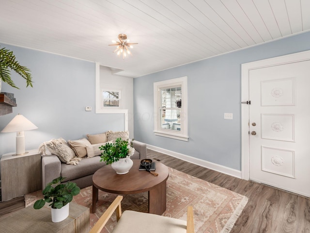 living area featuring baseboards and wood finished floors