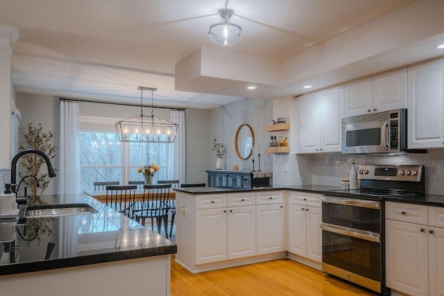 kitchen with appliances with stainless steel finishes, white cabinetry, a peninsula, and a sink