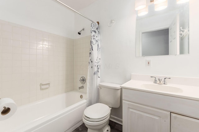 bathroom with toilet, shower / tub combo with curtain, and vanity