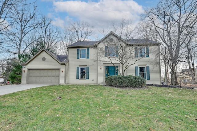 view of front facade with concrete driveway, a front lawn, and an attached garage