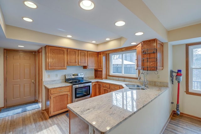 kitchen featuring light wood-type flooring, stainless steel range with electric cooktop, a sink, and a peninsula