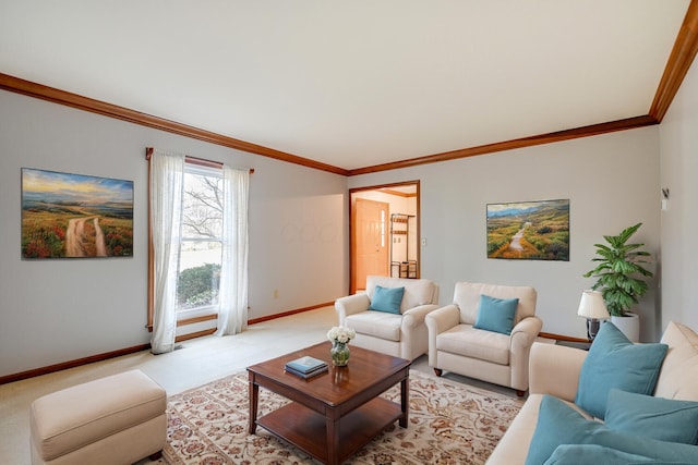 living area featuring light carpet, baseboards, and crown molding