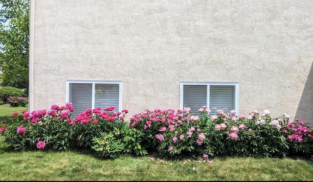 view of side of property with a yard and stucco siding