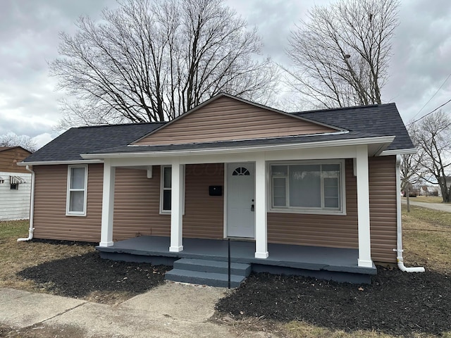 bungalow with a porch and a shingled roof