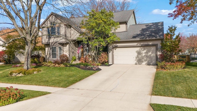 view of front facade with a garage, concrete driveway, roof with shingles, and a front lawn