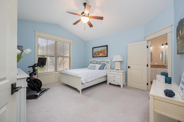 bedroom featuring light carpet, ceiling fan, and lofted ceiling