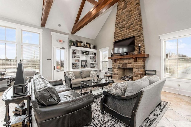 living room with light tile patterned floors, high vaulted ceiling, a fireplace, baseboards, and beamed ceiling