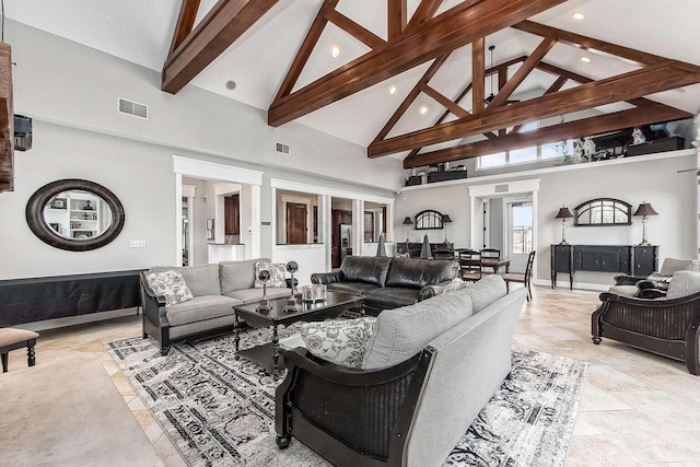 living area featuring high vaulted ceiling, beam ceiling, visible vents, and recessed lighting