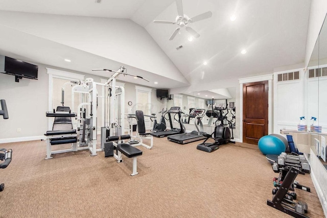 exercise room with carpet, visible vents, ceiling fan, high vaulted ceiling, and baseboards