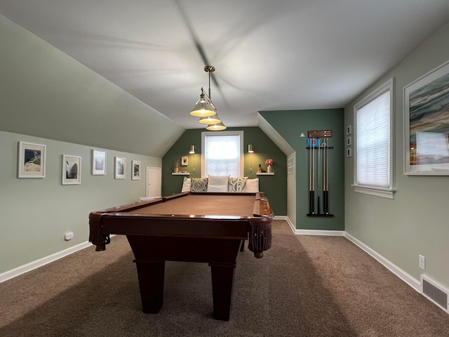 playroom with visible vents, lofted ceiling, billiards, carpet floors, and baseboards