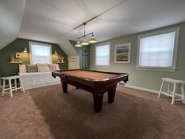 game room with plenty of natural light, baseboards, lofted ceiling, and carpet